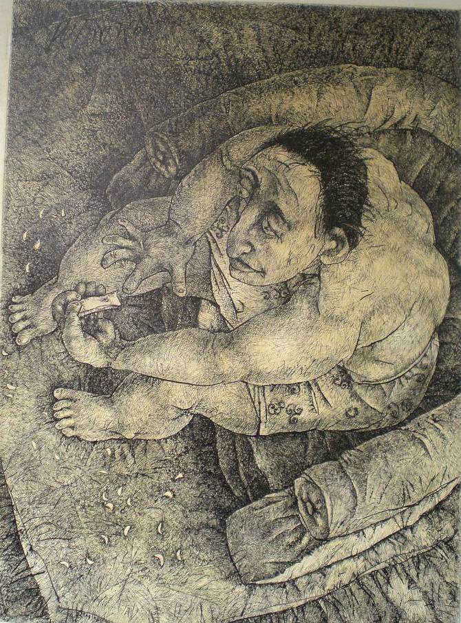 Cutting Her Nails, ink on acrylic sheet, 2003