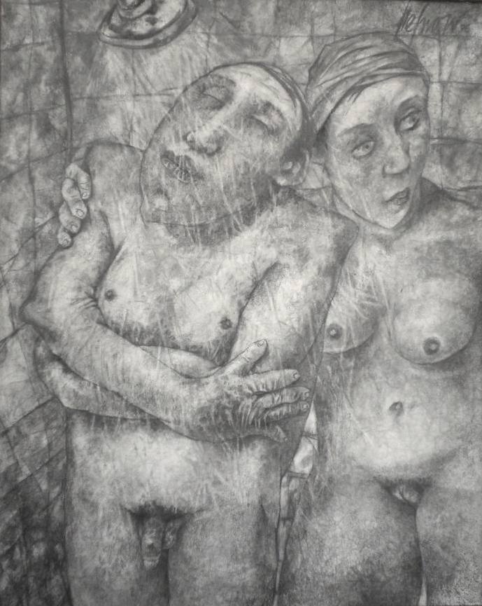 Under the Shower, pencil on board, 2006