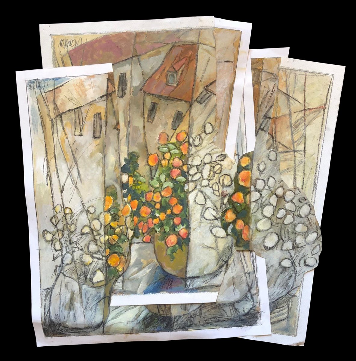 Flowers on a Window Sill, mixed media on paper