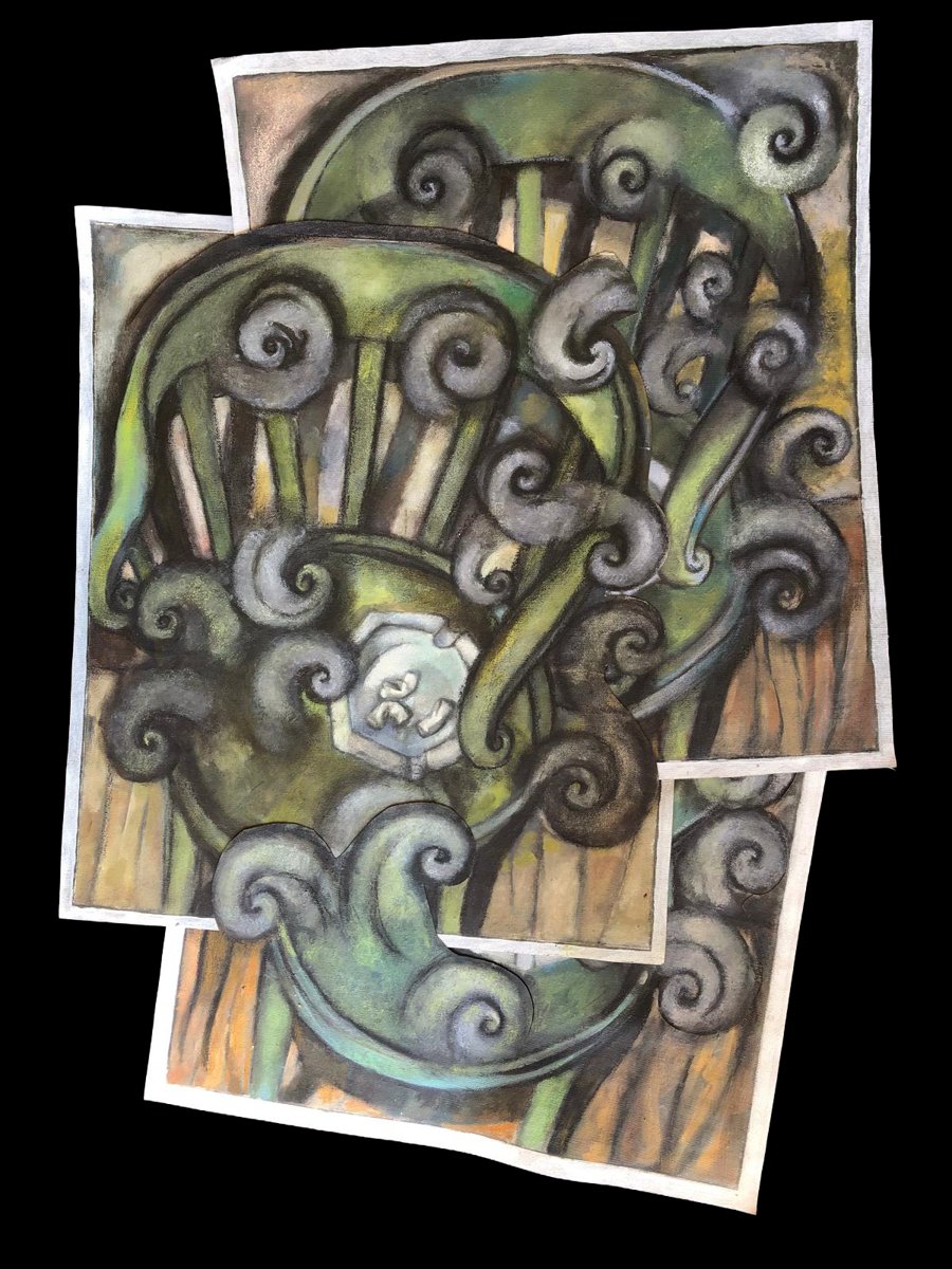 Green Chair with Ashtray, oil pastel on paper