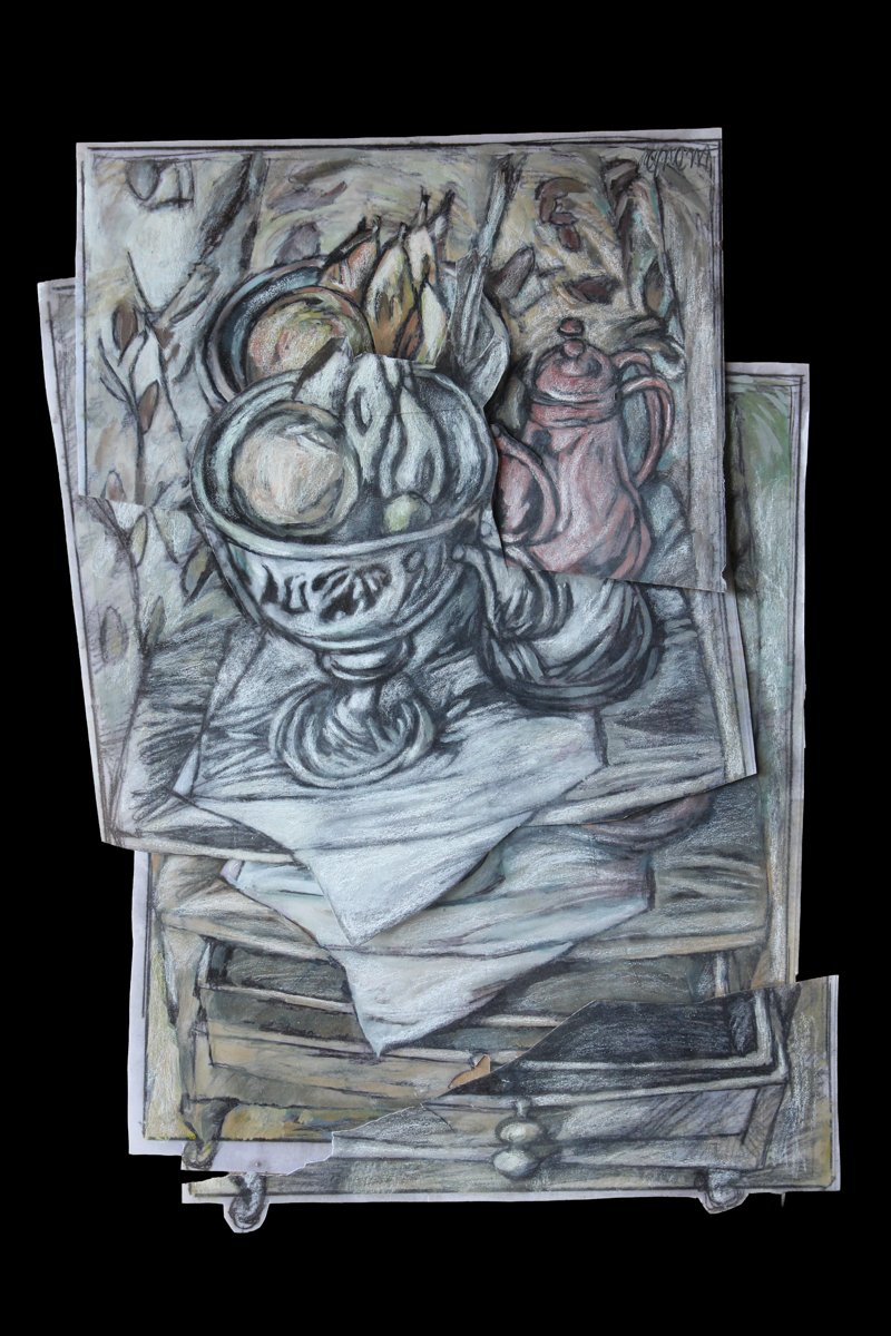 Still Life with Fruit and Teapot, charcoal and pastel on paper