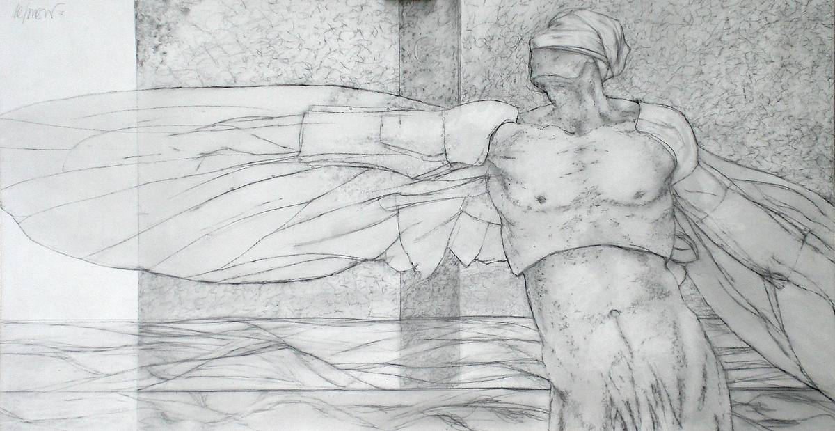 Winged, pencil and acrylic on canvas board, 2011