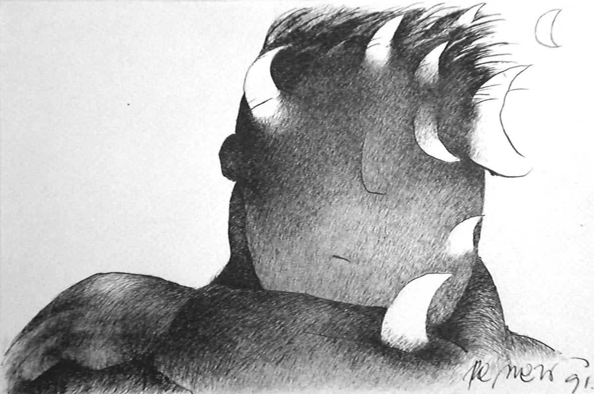 Man with Moons, ink drawing, 1991